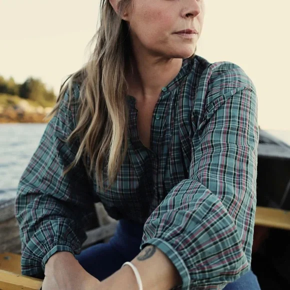 DOEN The Jane Blouse Pond Promenade Plaid 100% Cotton Button Front Blouse Small - Picture 2 of 8